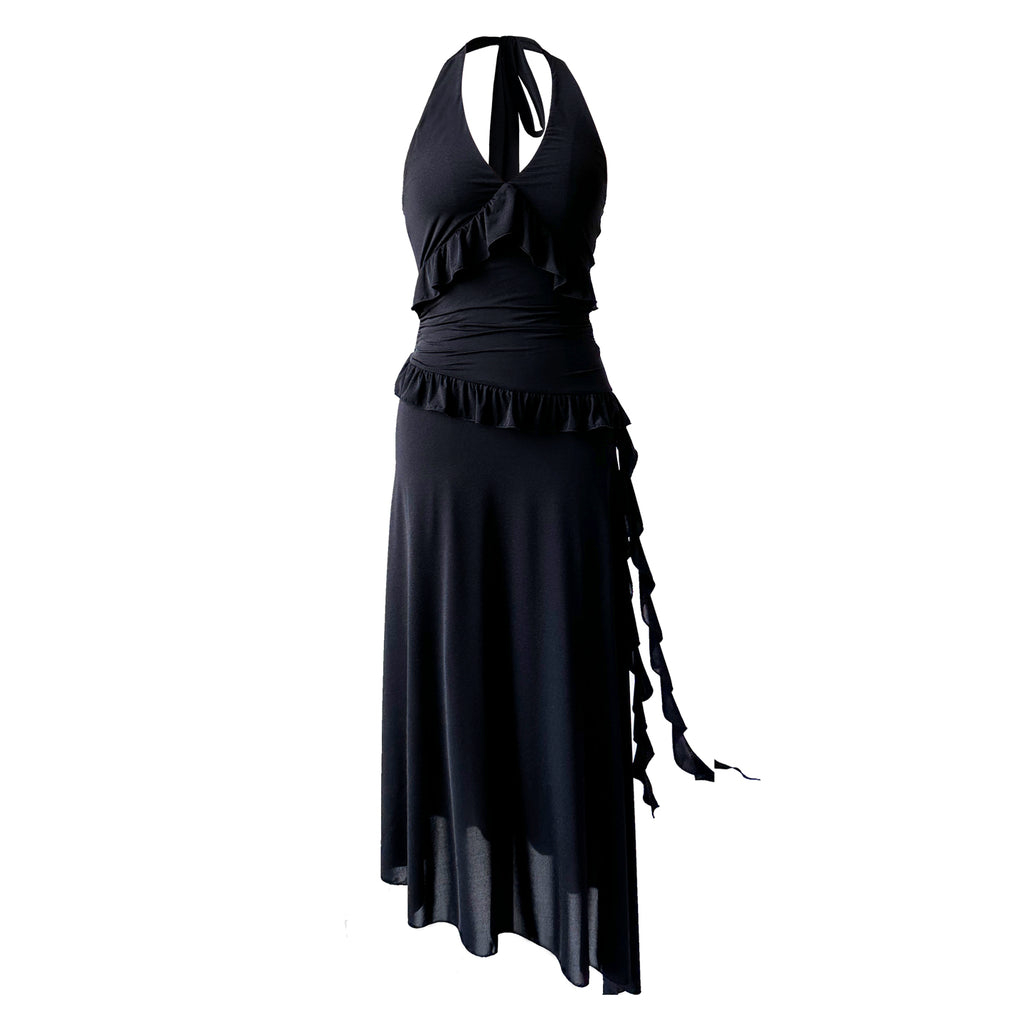 Elegant Halter Neck Backless Party Dress with Flowing Ribbon & Lace Detail